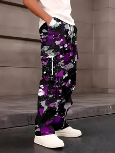 One-piece men's cargo pants with purple, black and white splatter graffiti design, street functional style with multi-pocket design