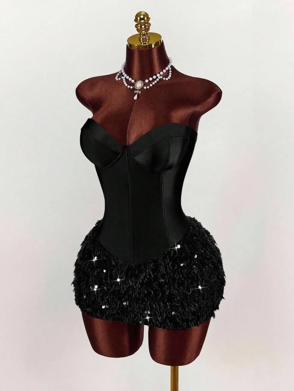 Solid Color Bustier Patchwork Faux Fur Hem Fitted Mini Dress for Women, Christmas Party Dress, Elegant Outfit