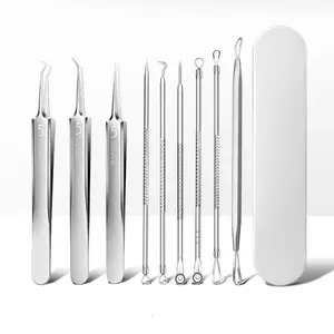 Blackhead Remover Comedone Extractor Tool, Face Black Head Needle & Curved Tip Acne Tweezers Kit with Metal Box, Facial Stainless Pimple Removal Tools Kit for Nose, Silver 9Pcs