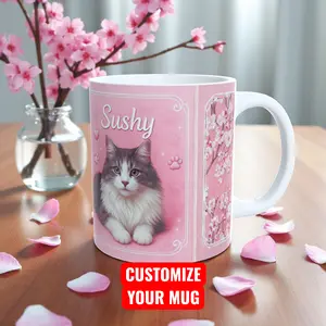 Personalized Pink Cat Mug 11oz – Custom Name Cute Kitten Coffee Cup, Gift for Cat Lovers