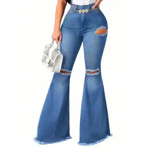 Women's Fashion Ripped Distressed Button Design Flared Leg Street Style Jeans Fabric Skinny low  low  rise  jeans