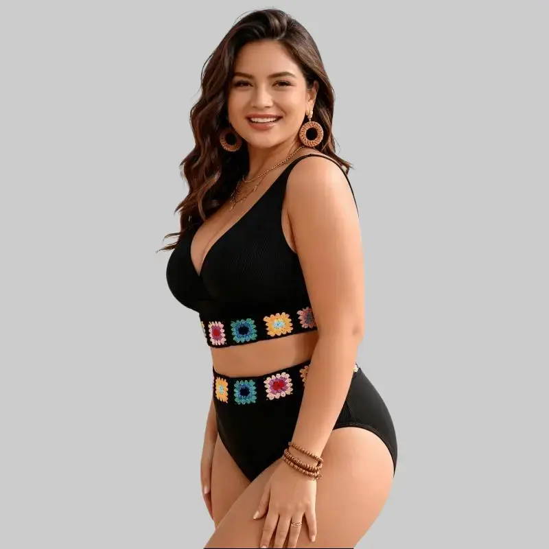 Elegant Plus Size Bikini Set, 2-Piece High Waisted Swimsuit in Stretch Knit Fabric with Granny Square Trim, Elastane, 4Xl, Big-Tall, High Waisted Bikini Sets, Polyester Blend