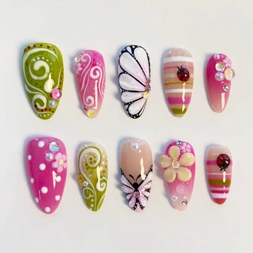 3D Butterfly nails/press on nails long almond nails/Elegant Nails/Summer nails/Cute ladybug nails/Pink polka dot nails/Holiday Custom nails