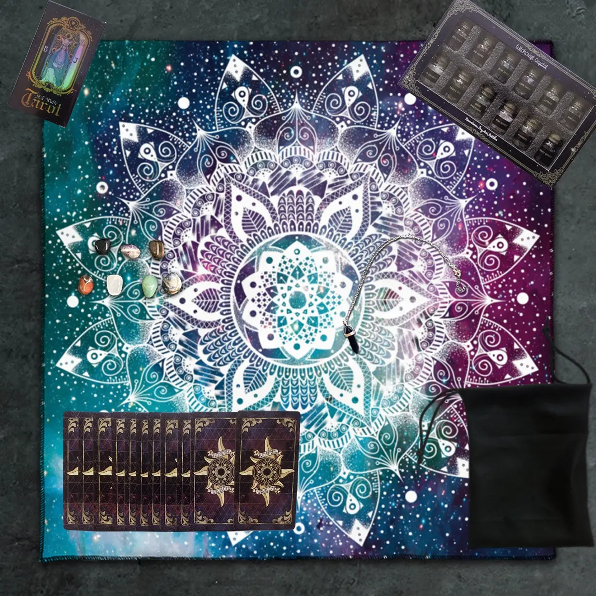 6PC Mandala Tarot Decorative Set, consisting of 1 set of 78 Tarot cards, 1 set of 12 mineral bottles, 1 set of 7 chakra stones, 1 polyester drawstring bag, 1 tablecloth, and 1 pendant. This is a 6-piece set for astrologers, designed for Tarot scholars.
