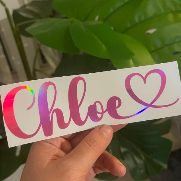 Personalized Custom Name Decal in Holographic or Chrome Vinyl with Heart Design Red Heart Font for Events Special Occasions Vehicle Exterior Decoration Belongings