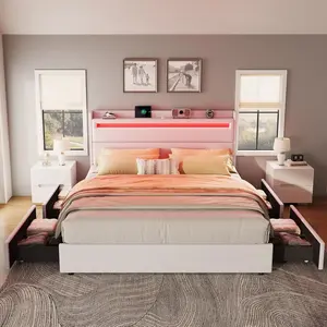 Modern Platform Bed with Storage Headboard and 4 Foldable Storage Drawers, Upholstered Headboard with RGBW LED Lights and Charging Station, Soft Linen Fabric Bed Frame, No Box Spring Needed