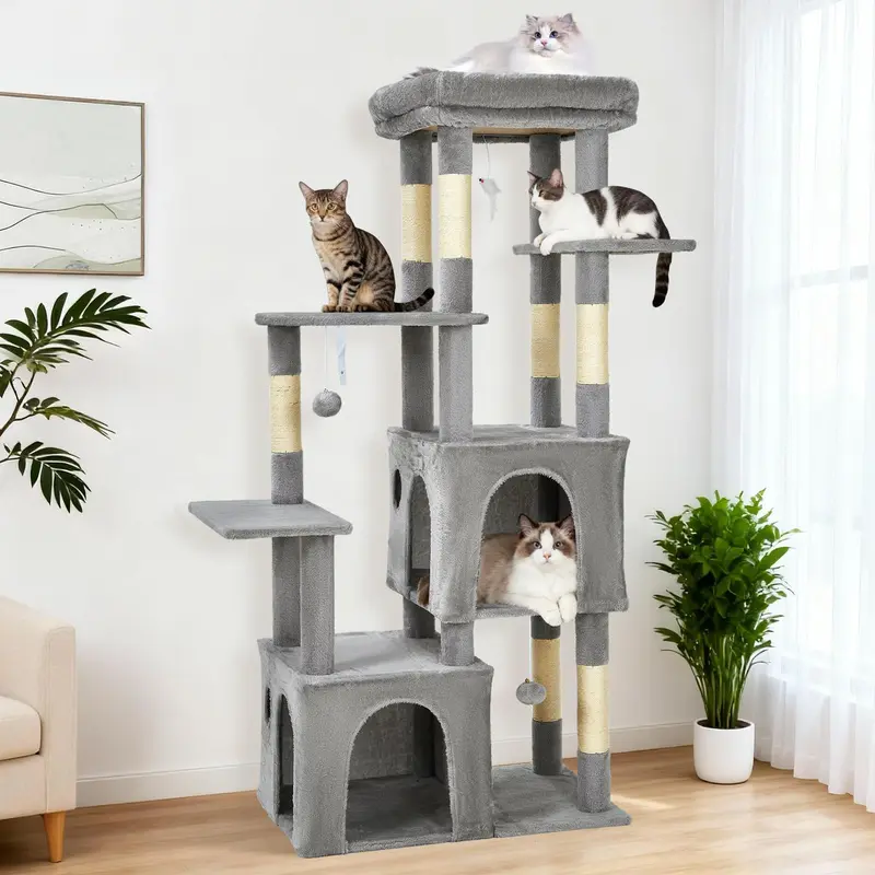 61" Multi-Level Cat Tree for Indoor Cats, Heavy-Duty Tower for Large Adult & Maine Coon Cats with Oversized Perch, Dual Condos, Natural Sisal Scratching Posts & Play Toys