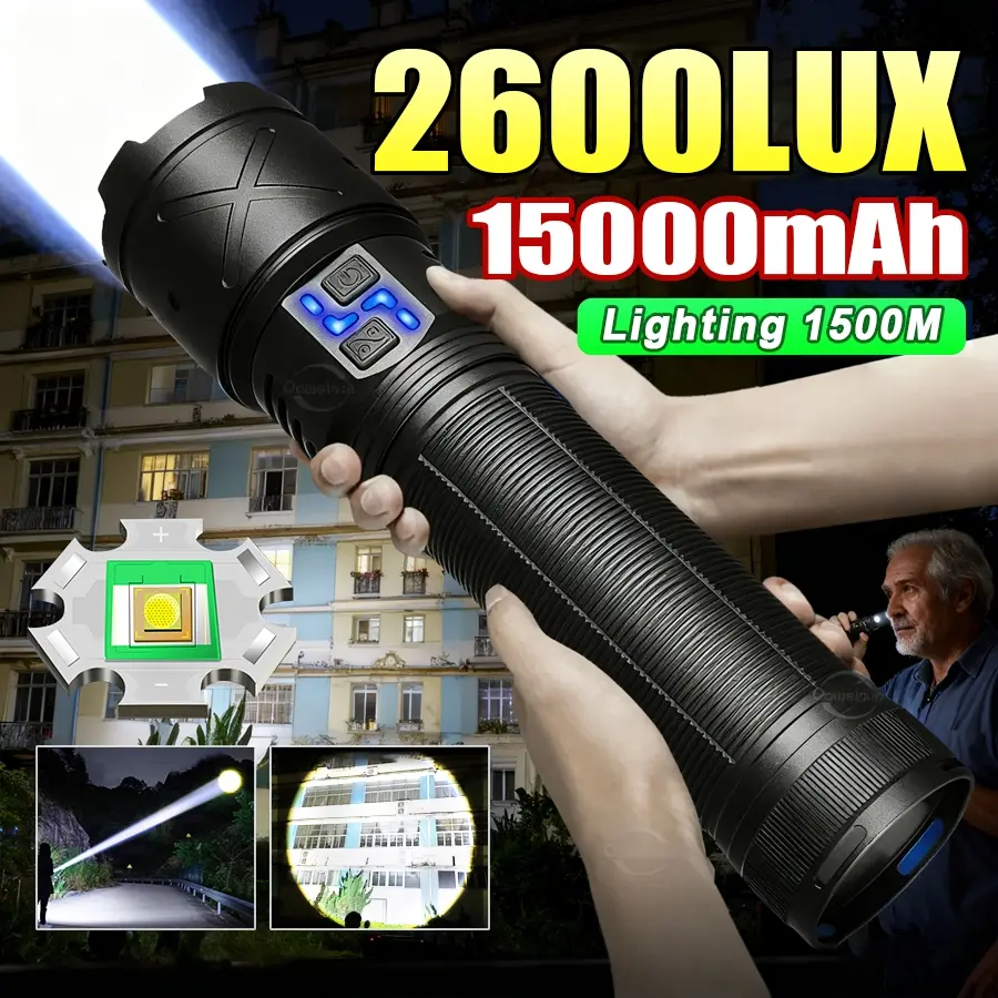 Heavy duty high power LED flashlight, 15000mAH rechargeable bright torch, variable zoom handheld flashlight, High Lumen Flashlights, Handheld Zoomable Flashlight, High Powered Flashlight, suitable for outdoor walking, patrolling, and emergency lighting