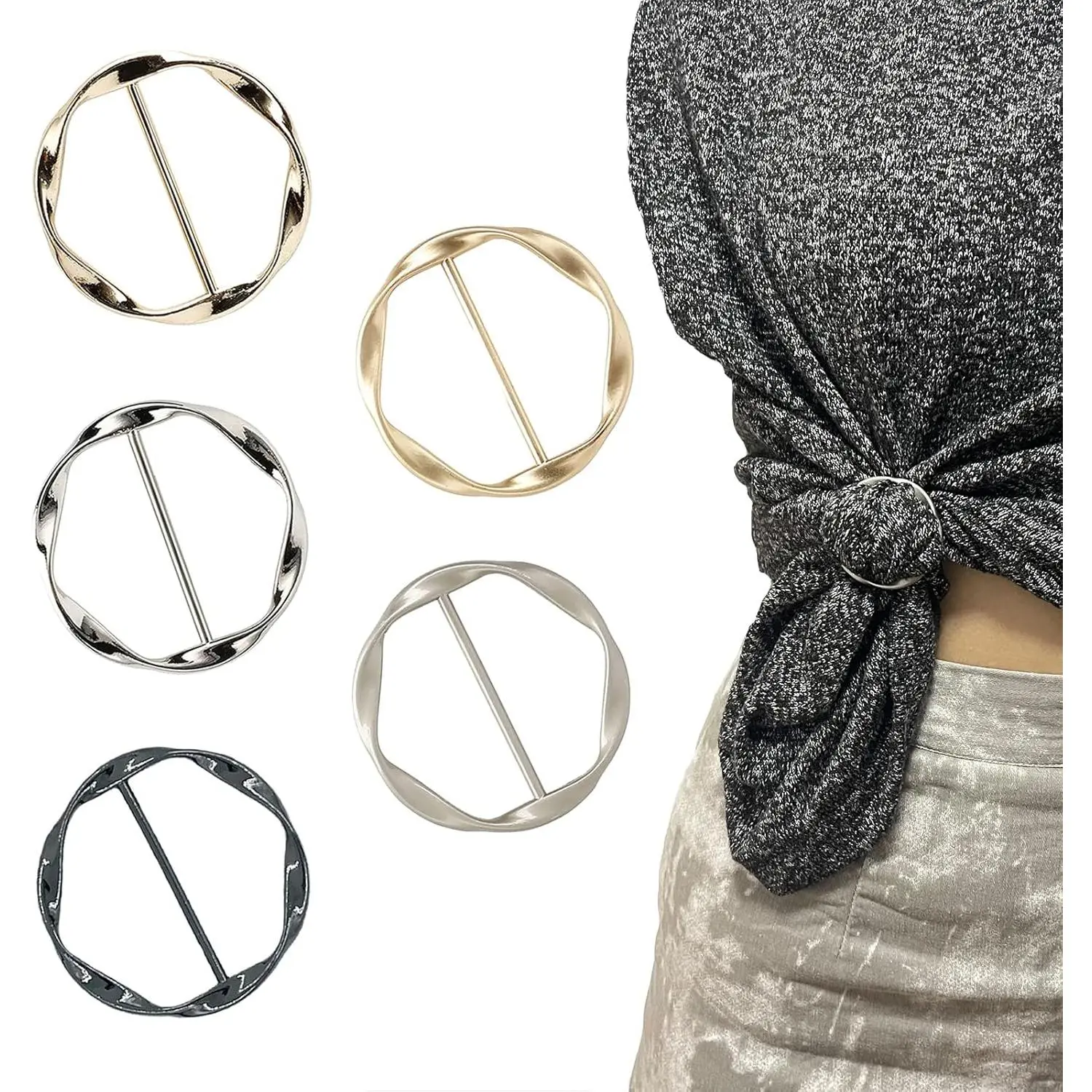 Women's Metal Circle Buckle Synthetic Scarf Clips - 5-Count, 0.3 oz, 1.377 in, Fashion Accessory for Tie/Clothes Decor, Sewing Supplies for Daily Use