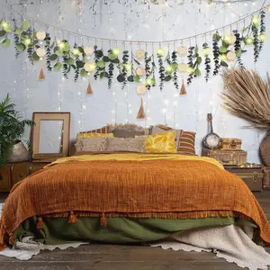 Artificial Hanging Eucalyptus Wall Decor Boho Bedroom Wall Decor with LED String Light for Home Office Farmhouse Nursery Bathroom Kitchen(Wooden Bead)