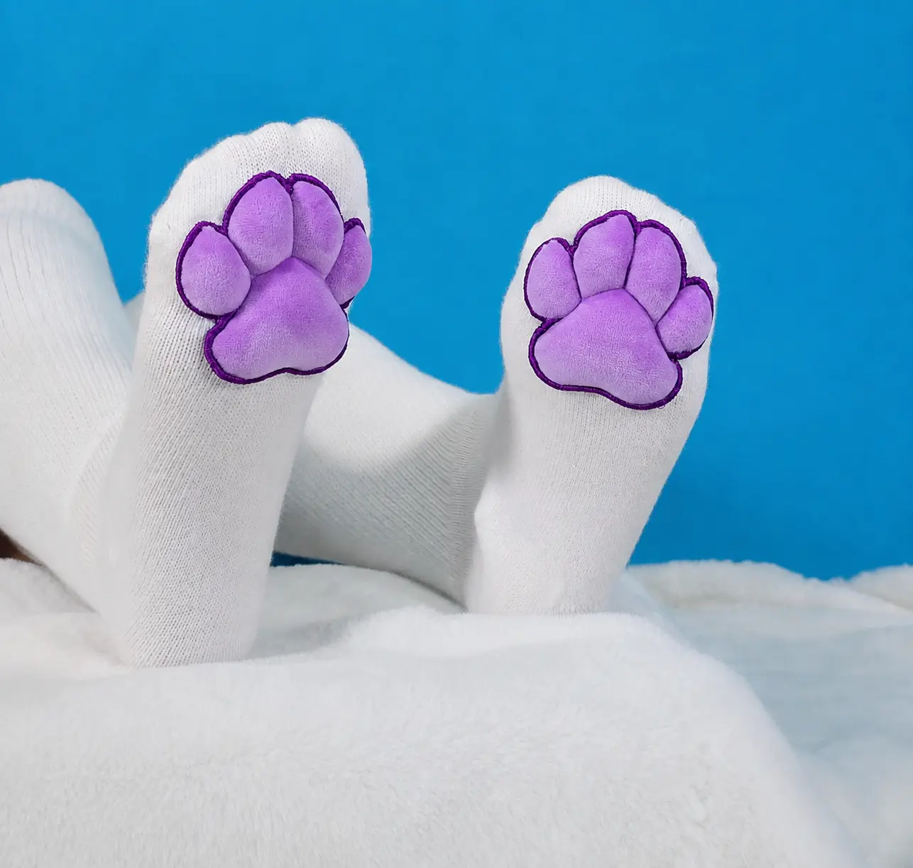Purple Puffy Plush Paw Pads on White Thigh High Socks