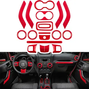18 PCS Full Set Interior Decoration Trim Kit Steering Wheel Center Console Door Handle Air Conditioning Vent Cup Holder Gear Cover Trim for Jeep Wrangler JK JKU 2011-2018 4-Door (Red)