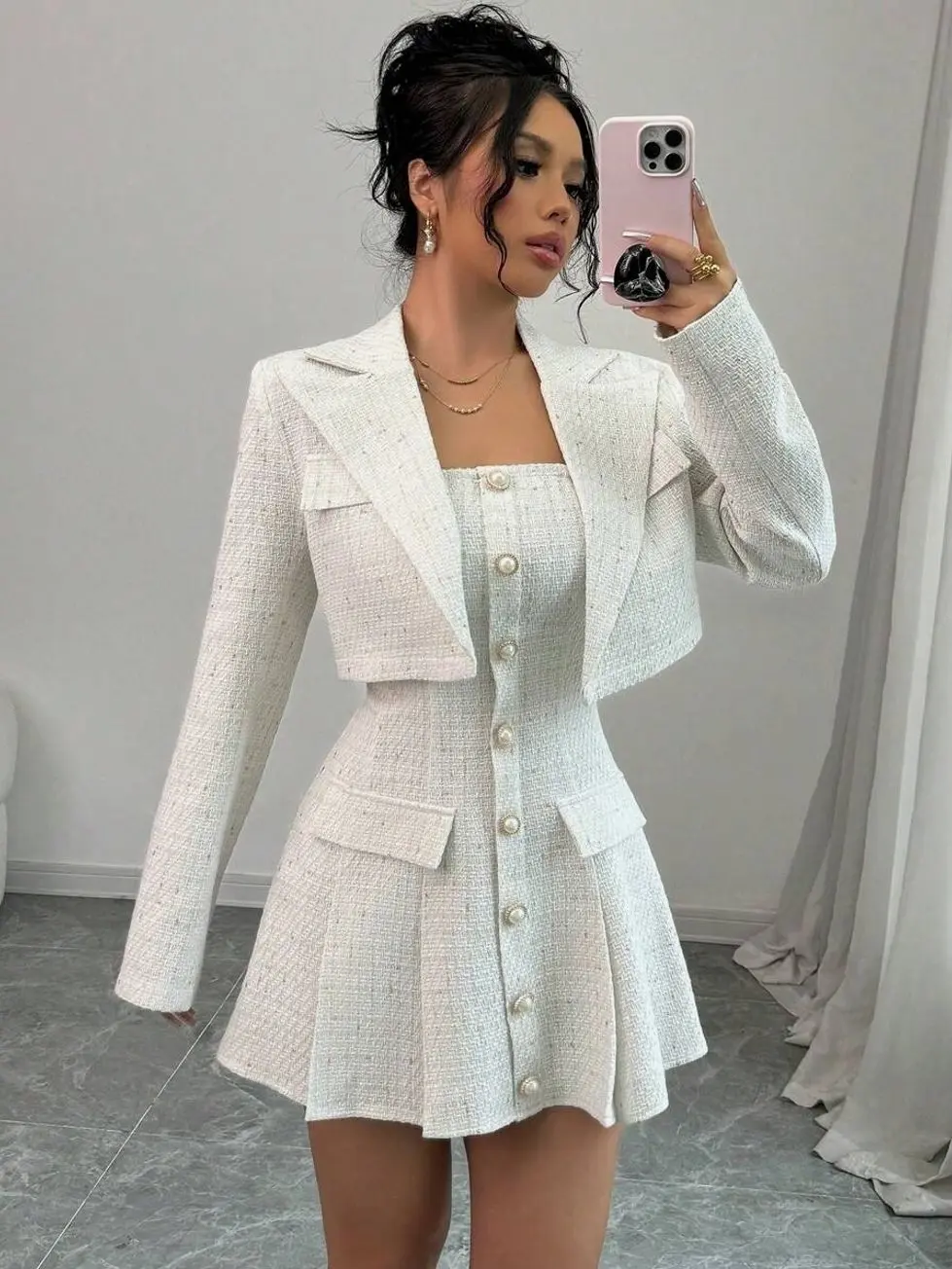 Petite 2pcs Set Petite Sexy Holiday Party Suit: Strapless Dress + Short Jacket, High-End Elegant Look For Women