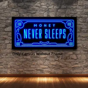 Money Never Sleeps Neon-style Artistic Wall Art, 1 Count Unframed Inspirational Money Never Sleeps Canvas Wall Art, Wall Decor for Living Room, Bedroom and Office, Decoration