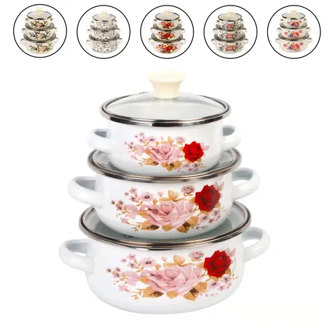 Vintage Enamel Steel 3-Piece Lightweight Mini Cookware Set - Kitchen Cooking Cookware with Glass Lid, Effortless Cleaning for Small-Scale Cooking (Pot with Lid, Soup Pot Included)