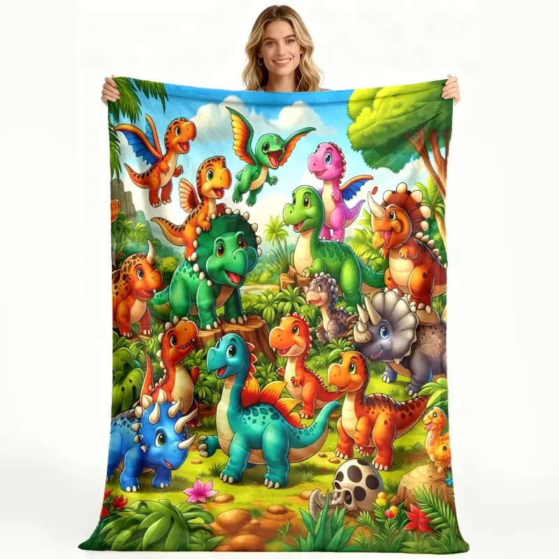 Flannel Blanket with Cute Dinosaur & Lush Jungle Pattern, Trendy Comfortable Nap/Study Blanket, Superbly Crafted Durable Luxurious Stylish Bedding, Ideal Birthday Gift