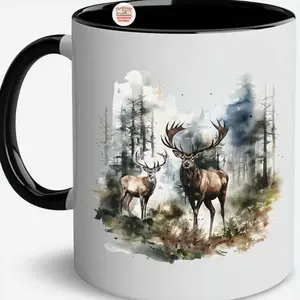Vintage Deer Wilderness Scene Mug, Retro Buck And Doe Deer Graphic Coffee Mug, Hunter Cups, Hunting Gift Ideas for Men.
