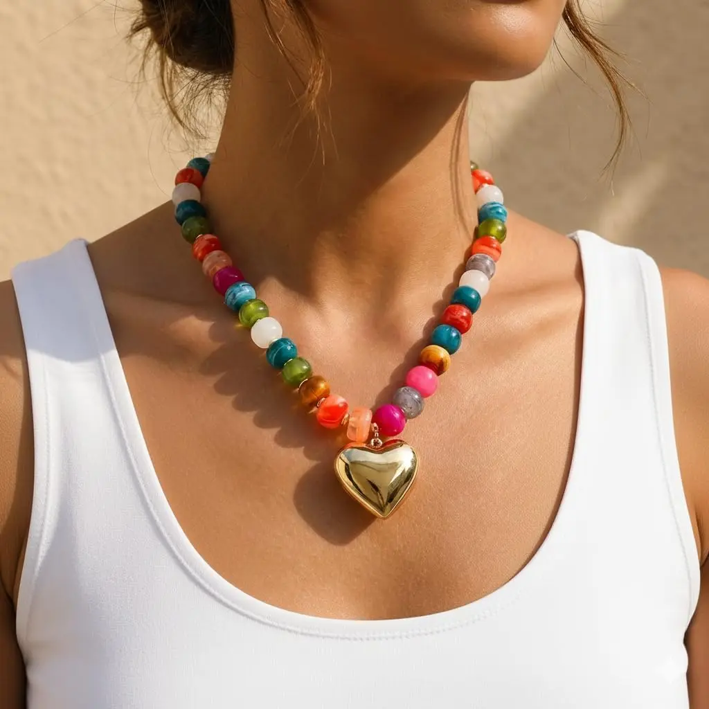 Chunky Heart Necklaces for Women Colorful Resin Beaded Choker Necklace Gold Puffy Heart Statement Necklace Trendy Acrylic Choker Jewelry