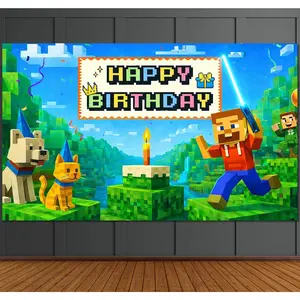 Pixel Backdrop Happy Birthday Banner Boy 6x4ft Miner Bday Sign Villager Gaming Birthday Party Decorations Videogame Themed Banner Video  Decorations Video  Backdrop for Boys