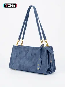 Suede Shoulder Bag Retro Faux Nubuck Hobo Blue Purse, Double Straps Top-Handle Tote, Trendy Women's Daily Commute Bag