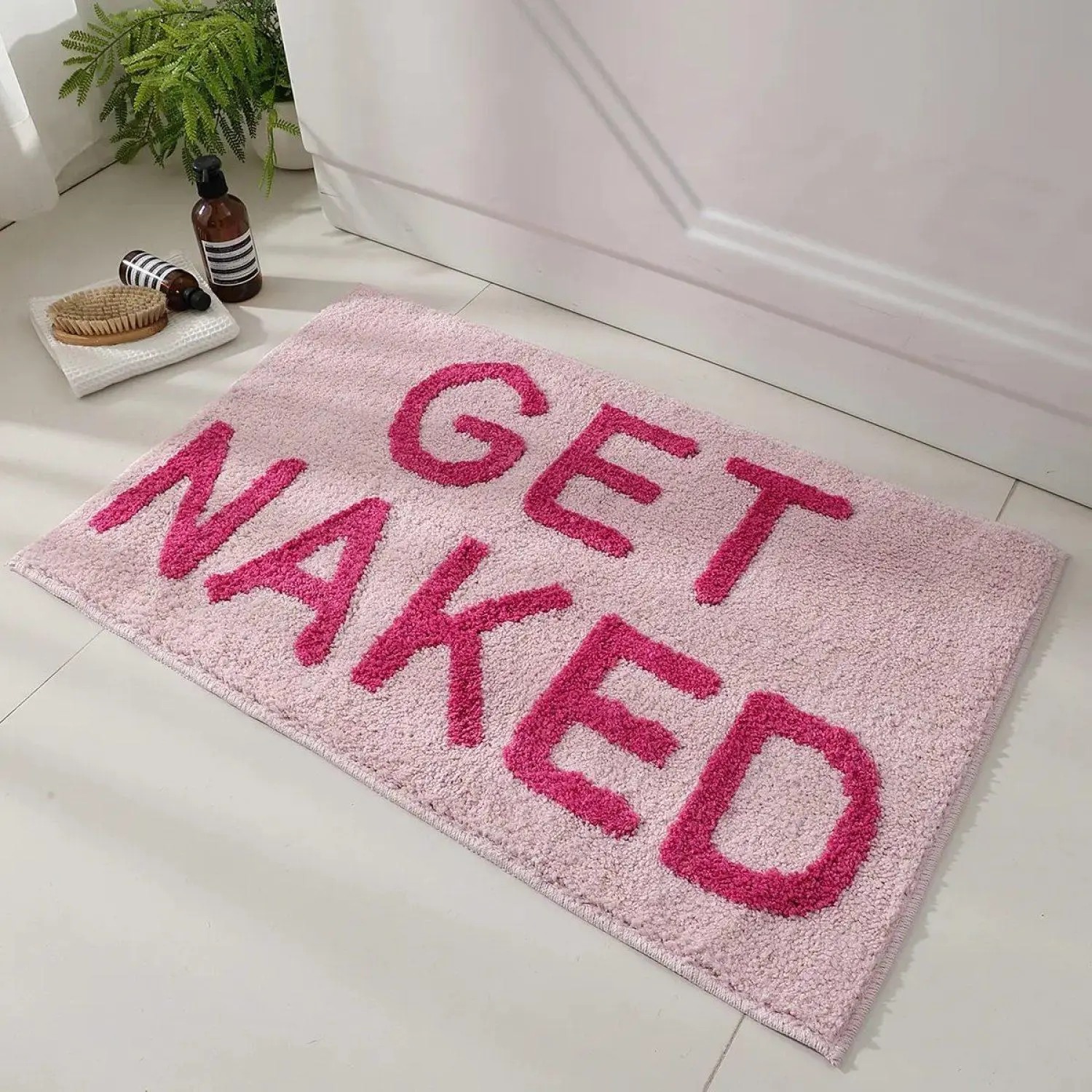 Flannel Get Naked Bath Mat Bathroom Rugs, Funny Bath Rugs, Machine Washable Soft Water Absorbent Pink Shower Mat for Bathroom Floor Tub and Shower
