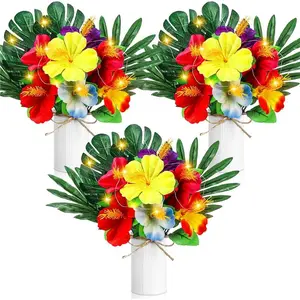 3 Sets Artificial Hibiscus Flowers in Metal Vase with Light Strings, Artificial Palm Leaves and Tropical Leaves Hawaiian Party Decorations Fake Tropical Flowers Centerpieces for Tables decor