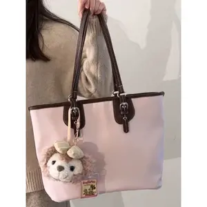 Pink Canvas Glossy Totebag, Solid Color Pastel Large Capacity Handbag for School Office Fashionable Versatile Gift for Woman Mother