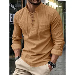 Men's Casual Fashion  Stand Collar Long Sleeve Shirt, Soft Comfortable Linen Material, Spring & Fall Trendy