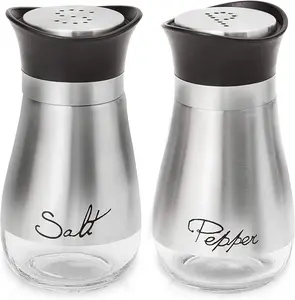 Salt and Pepper Shakers Set, Salt Containers for Gifts, Kitchen Decor with Stainless Steel and Glass Bottle, Set of 2
