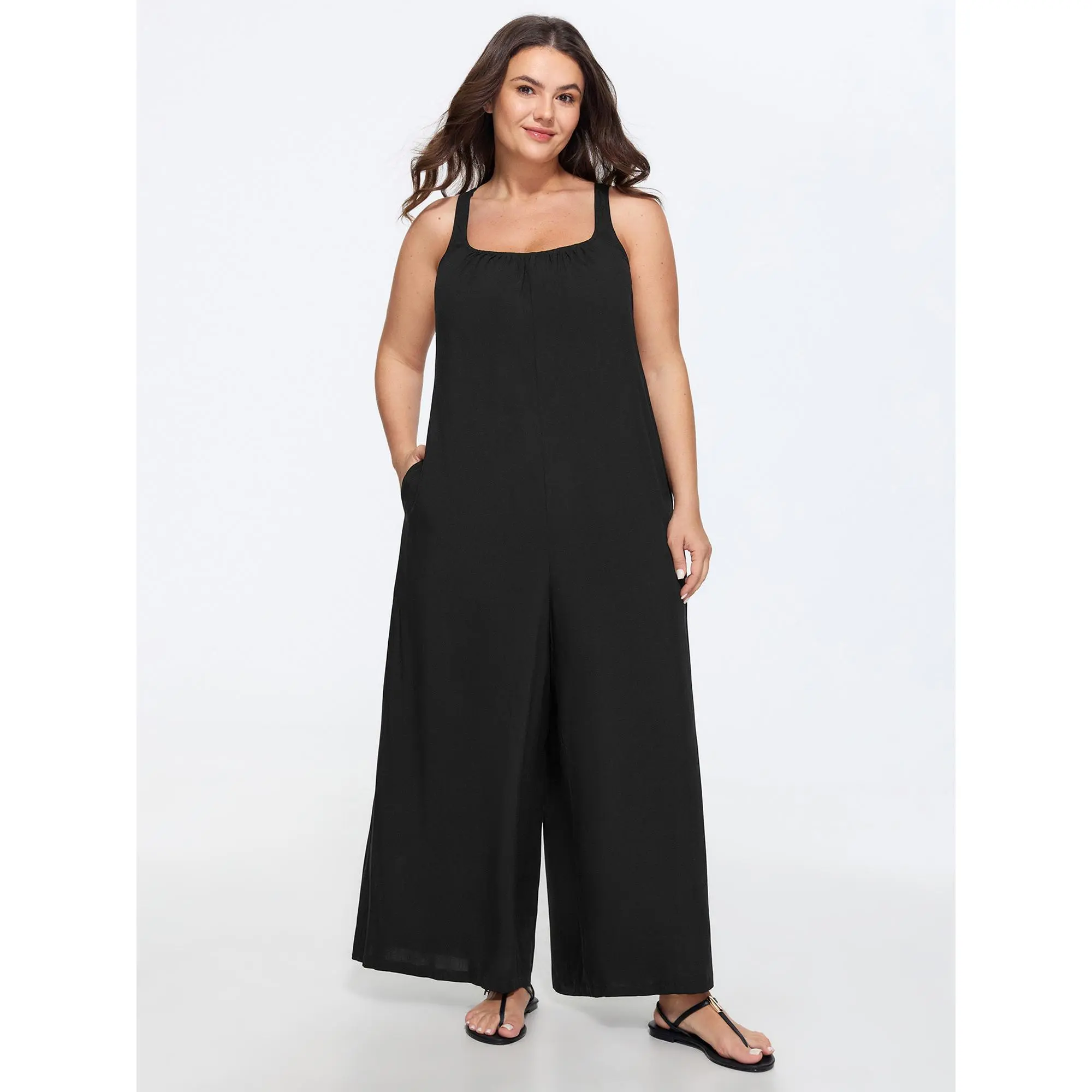 BLOOMCHIC Women's Plus Size Solid Lace Cross-Back Wide-Leg Overalls, Rayon Fabric, Sleeved Design, Flattering Fit, With Pocket, Size M-6X, Summer Essential, Garment, Lace Trim