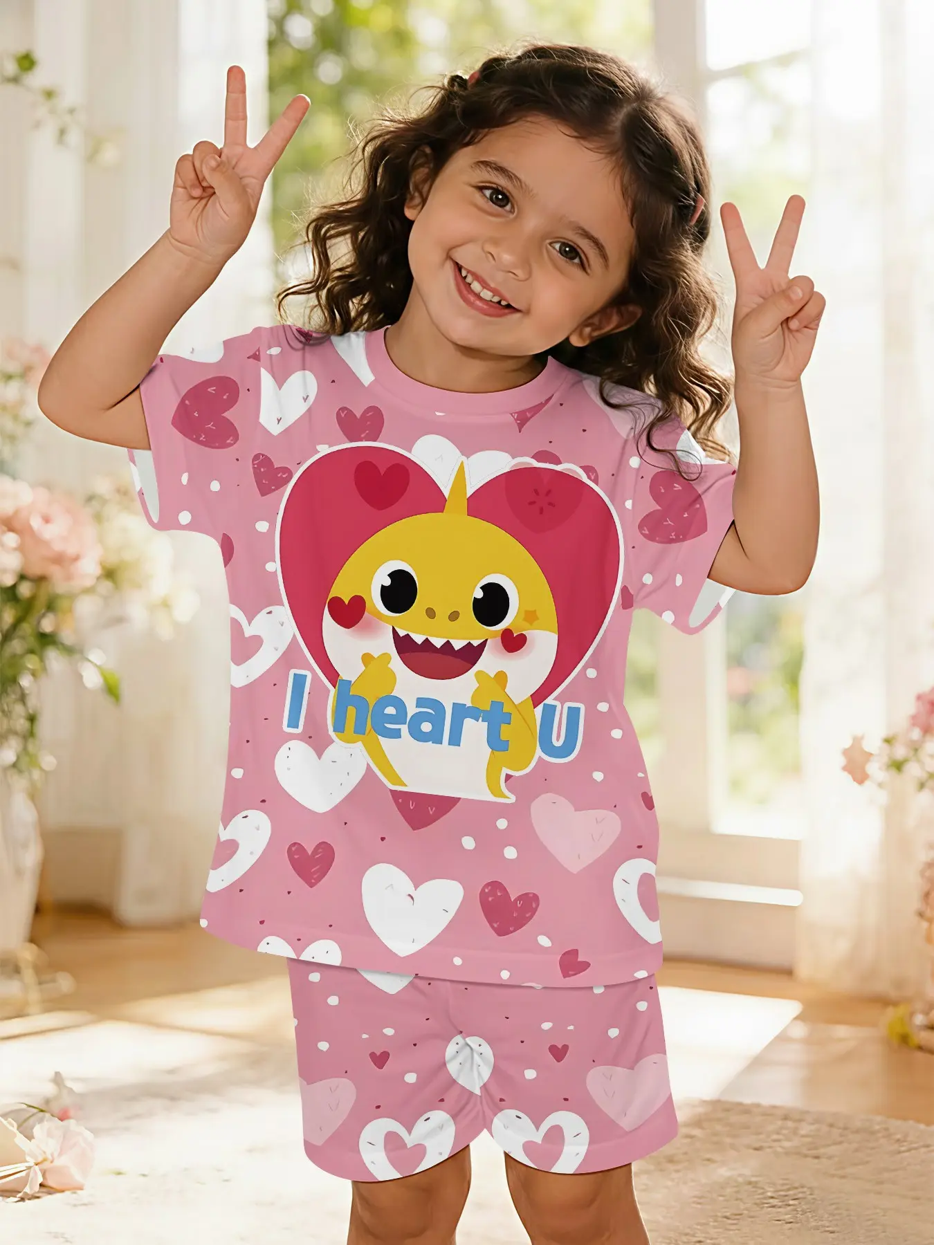 Love Little Shark Baby Girl Set with Digital Printing - 100% Polyester Baby Short-sleeve Set, a lovely casual outfit for baby girls, Baby Clothing, suitable for daily wear and outdoor sports as a T-shirt, a perfect gift for babies, Summer Gift Set