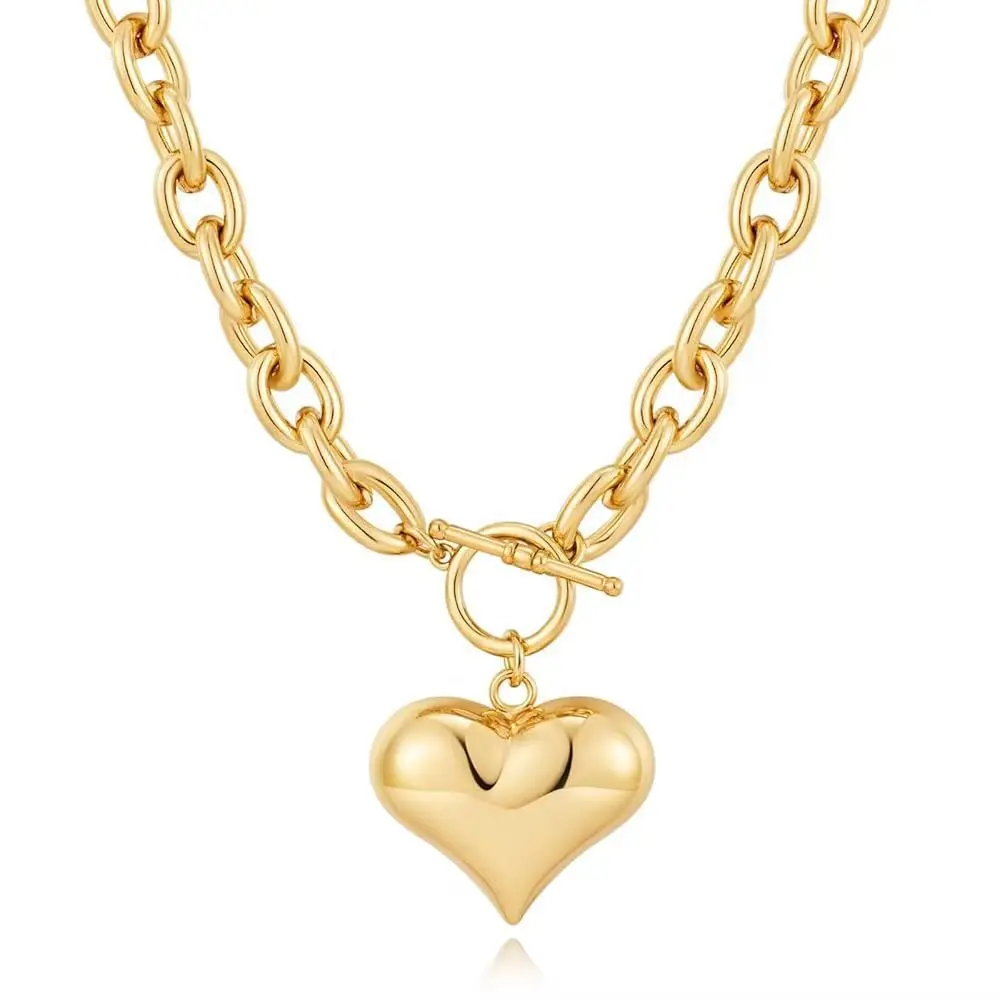 QUEENDO 3D Puffy Heart Pendant Toggle Clasp Necklace - Casual Streetwear Chunky Polished Cable Chain, 2-Tone Copper Metal Coating, Affordable Layerable Statement Costume Jewelry for Daily Wear & Gifting