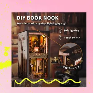 DIY Book Nook Shelf Insert Kit, Christmas Gift, Stocking Stuffer, Christmas House, Eternal Bookstore with Light Miniature House, Christmas, Gift, Christmas Build Kit,  Wooden, Fun, Desk, Room, Accessories Retro Wall Decor Decoration