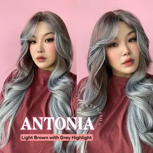 JBEXTENSION 28 Inches Scalpiana Long Curly Light Brown with Grey Highlight 3.5X4 Hard Silky Top Natural Scalp Effect Wig ANTONIA
