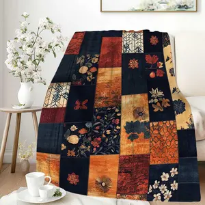 Boho Printed Patchwork Throw Blanket, Navy Blue and Rust Orange with Floral Geometric Patterns, Soft Blanket for Couch, Bed, Cozy Quilt-Inspired Blanket for Adults and Teens, 60"x50"