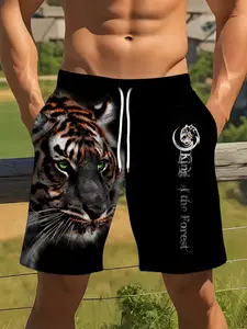 Men's Tiger Pattern Geometric Shorts, Summer Thin Polyester Knit Casual Beach Pants, Drawstring Waist Fitted H-Type