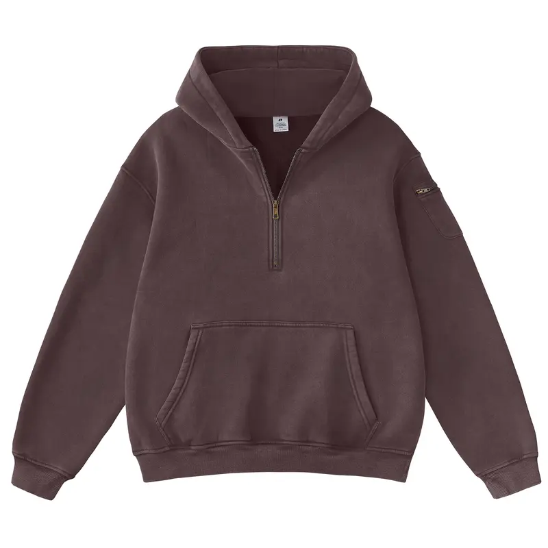 FAIABLE Unisex Oversized Half Zip Hoodie for Men and Women– Heavyweight Fleece Vintage Acid Wash Pullover with Kangaroo Pocket and Utility Sleeve Pocket, Casual Streetwear Style for Everyday Comfort