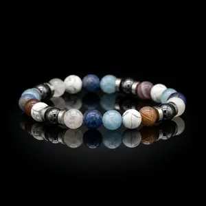 Men's Bracelet with Belomorite, Dumortierite, Aquamarine, Howlite, Botswana Agate, Hematite and Silver Steel