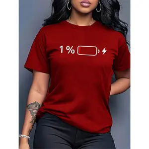 Women's Arabic Numeral Print Short Sleeve T-Shirt with 1% Battery Design, Round Neck, Casual Style, Elegant and Romantic Summer Top, Fashionable for Commuting, Vacation, and Everyday Wear, Versatile Casual Top, Available in Multiple Colors, Sizes S-XXL ou