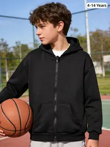 Spring New Boy Hooded Pocket Sweatshirt Jacket, Casual Fitted Plain Design, Youth Sports Outerwear for All Seasons