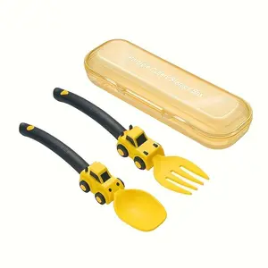 Colorful Toddler Kids Fork Spoon Set, Cartoon Engineering Vehicle Themed Utensils with Clear Portable Storage Box, Self Feeding Baby Led Weaning Easy Hold, Dishwasher Safe, Birthday Gift Travel Holiday Fun Eating Experience Construction