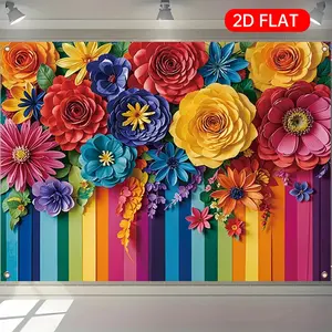 Colorful Flower Pattern Wall Hanging Banner, 1 Count Mexican Themed Background Banner, Wall Decor for Home Living Room Bedroom, Party Decorations Banners, Decorative Banner Flower Design, Decorating