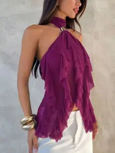 Adjustable Tie-Back Halter Top, Backless Ruffle Blouse for Sexy Party Vibe, Solid Color, Fitted Style, No Buttons or Zippers, Womenswear