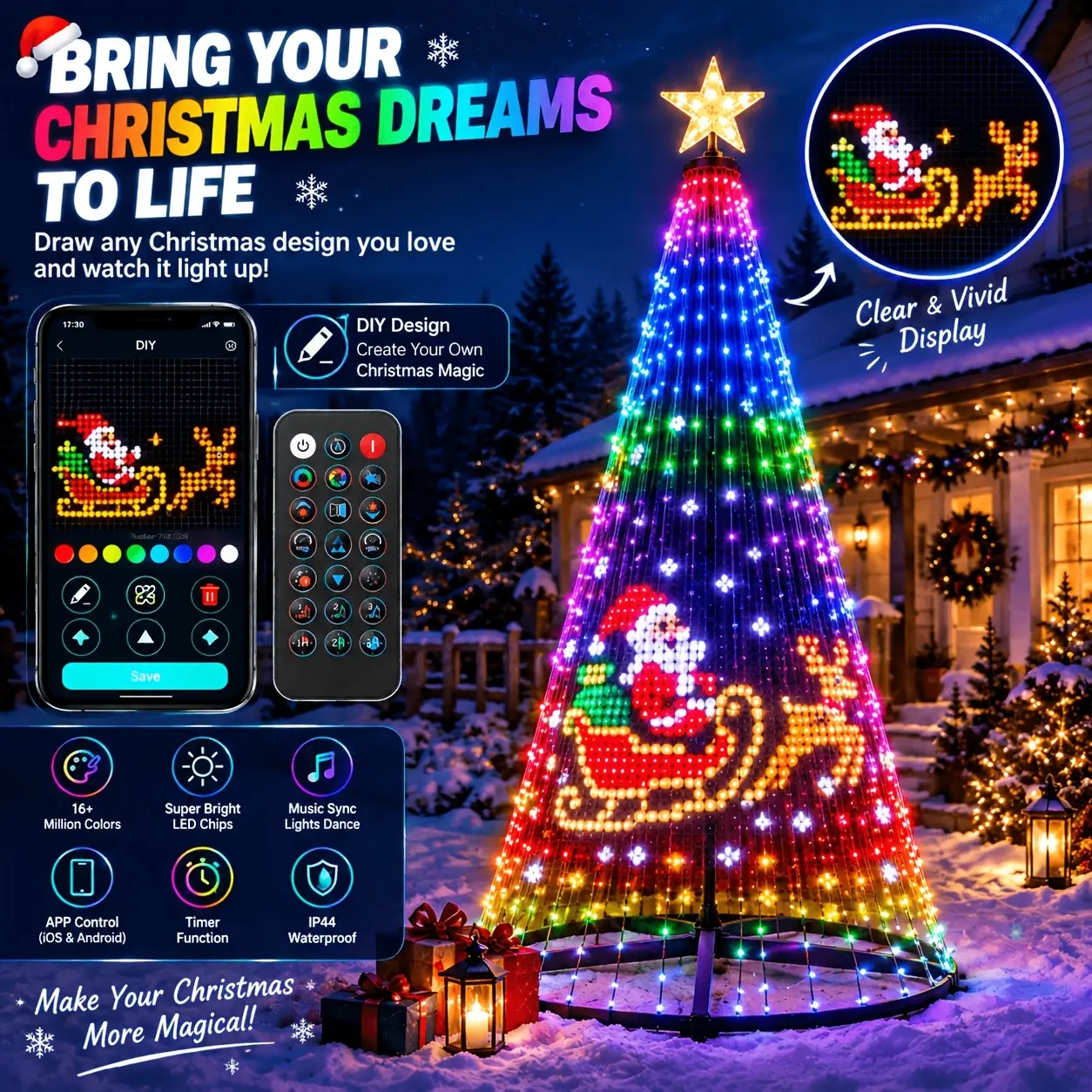 Hoodink Smart Christmas Tree Lights, Treeless with Remote and APP Control, RGB Color-Changing Light String with 400 LEDs, 11 Modes, Timer, Music Sync, Suitable for Christmas Decorations and Holiday Party Decorations