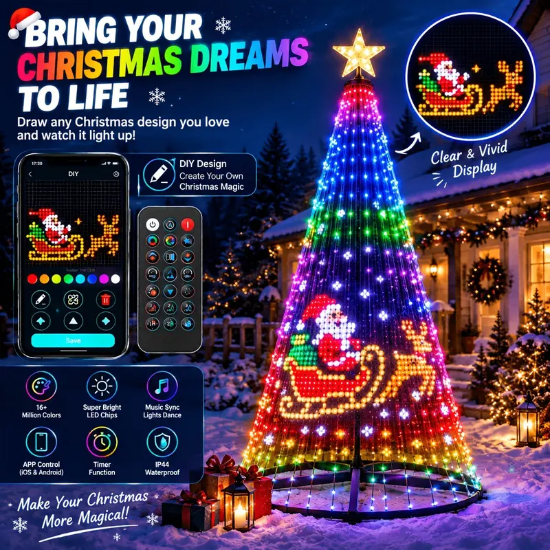 Hoodink Smart Christmas Tree Lights, Treeless with Remote and APP Control, RGB Color-Changing Light String with 400 LEDs, 11 Modes, Timer, Music Sync, Suitable for Christmas Decorations and Holiday Party Decorations,home decor