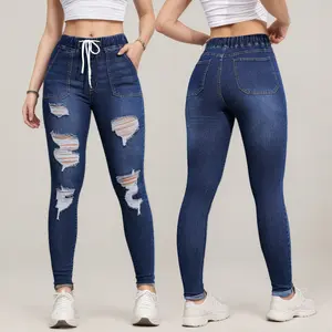 Women Elastic Drawstring Waist Dark Blue Skinny Jogger Jeans Big Front Patch Pocket Multi Large Shredded Rip Cuff Hem Stretch Denim Pants