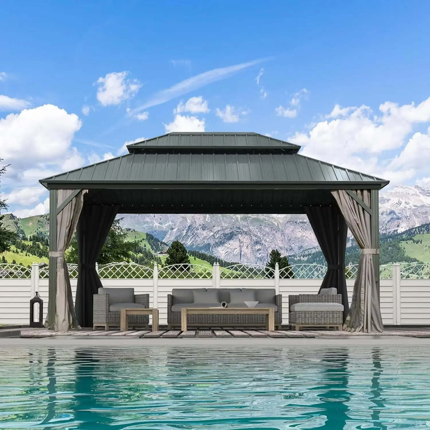 Domi 12’ X 16’ Hardtop Gazebo Canopy with Netting & Curtains, Outdoor Aluminum Gazebo with Galvanized Steel Double Roof for Patio Lawn and Garden