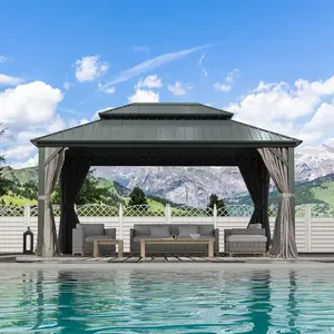 Domi 12’ X 16’ Hardtop Gazebo Canopy with Netting & Curtains, Outdoor Aluminum Gazebo with Galvanized Steel Double Roof for Patio Lawn and Garden