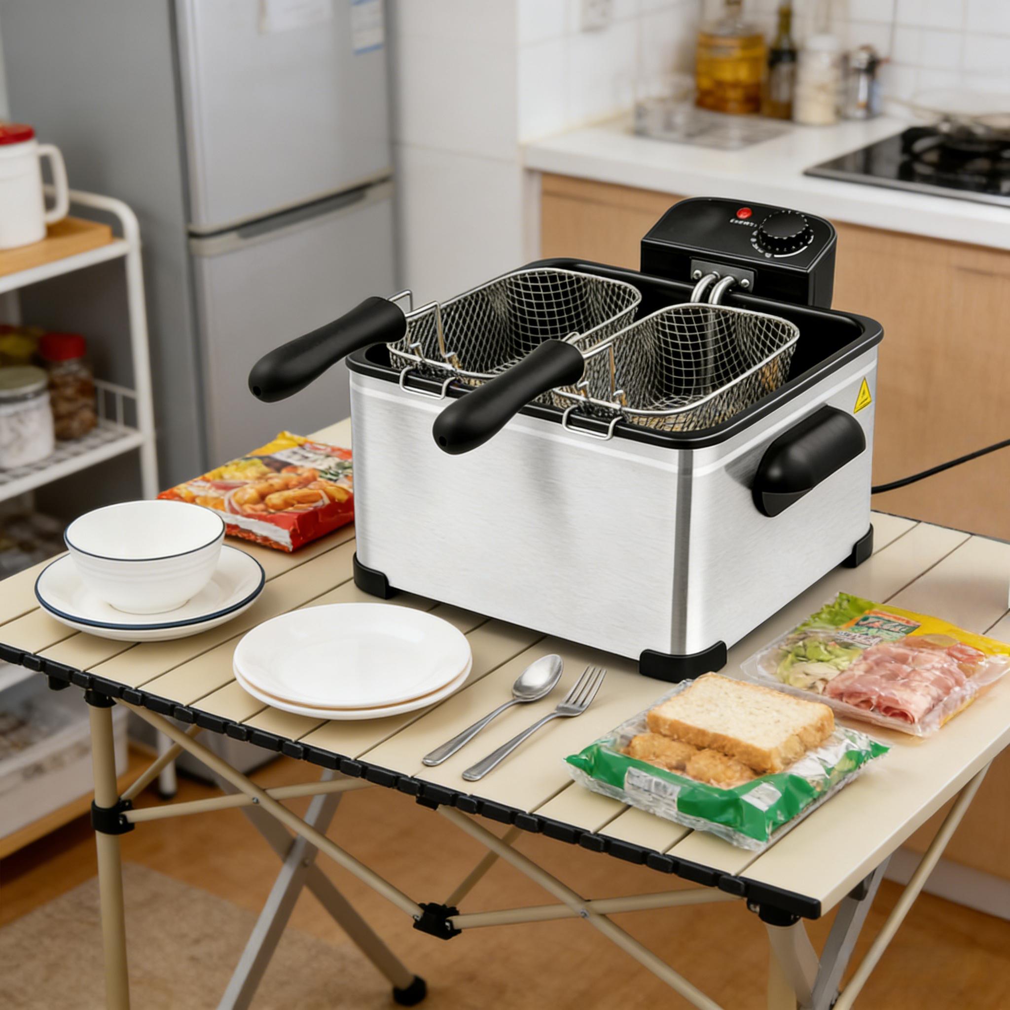 5L stainless steel, 1400 watt electric fryer, 1 large basket and 2 small baskets dual-use - classic stainless steel cookware with cold touch function, American standard three plug