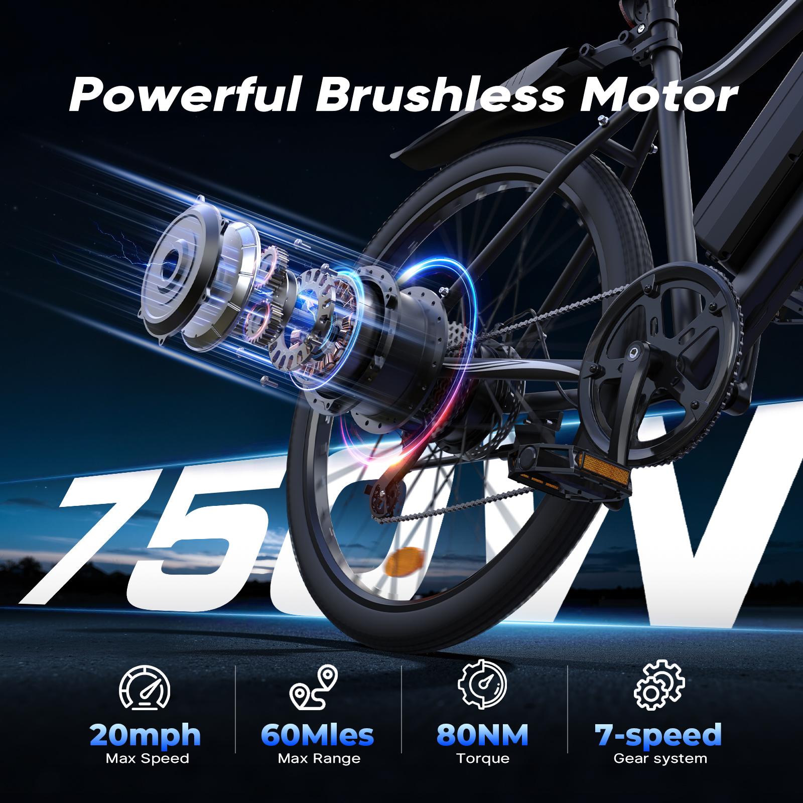 Adult Electric Bicycle 750W | 60 Miles Long Range, Removable Battery, 5 Speed, Shock Absorber